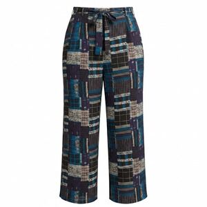 ModCloth Patchwork Plaid Wide Leg Pants Womens 2X Blue Purple Belted Boho Retro